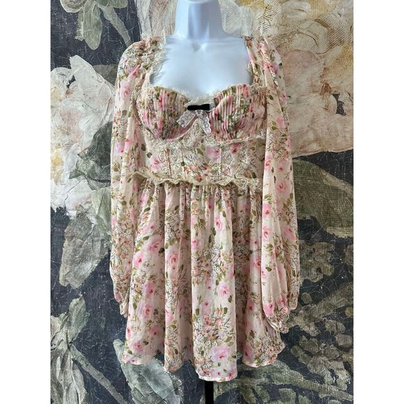 New Free People For Love & Lemons Emmaline Corset Lace Ruffles Mini Dress Sz M - Picture 5 of 9
